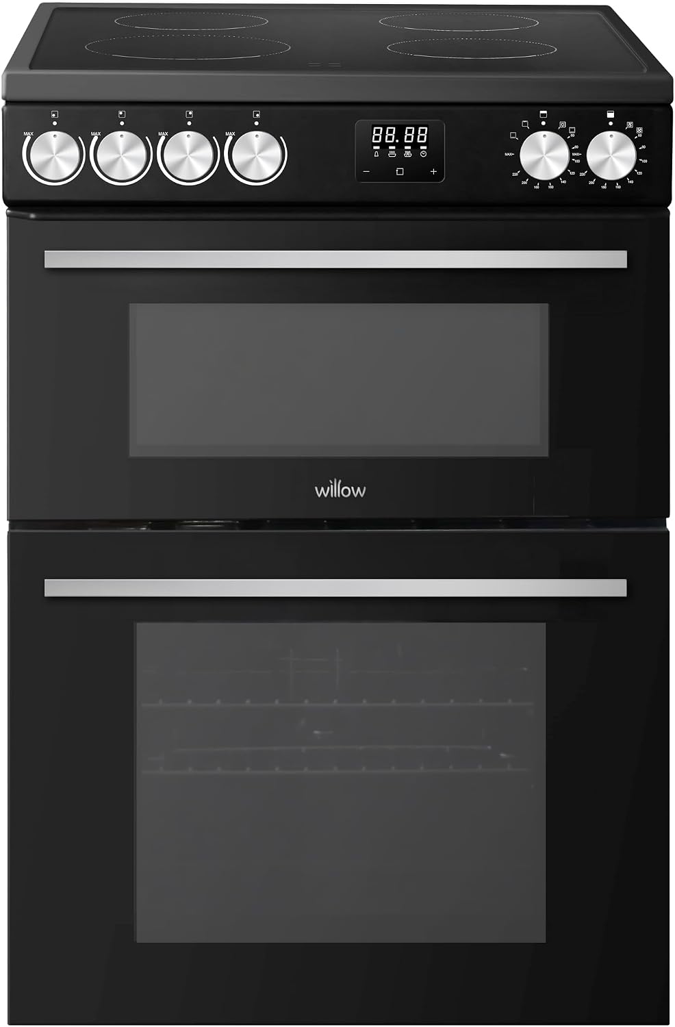 Willow WDOC60TBL 60cm Electric Double Oven Cooker with Ceramic Hob, Integrated Grill, Fan Assisted Defrost - Black