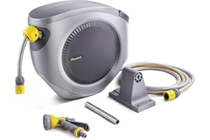 FANZTOOL Zestaw 25 m węża z uchwytem ściennym, w zestawie słuchawka prysznicowa 8 funkcji, automatyczne zwijanie, obracany o 180°, wąż ogrodowy, certyfikat RoHS