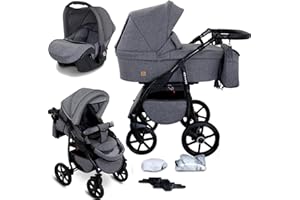 GaGaDumi Boston Kinderwagen 3 in 1 Komplettset mit Autositz - Kombikinderwagen mit großen Rädern - TÜV-zertifiziert - Baby Stroller Set - für Neugeborene und Kleinkinder Grau Jeans