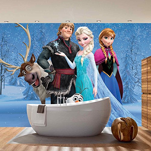 Vlies Fototapete PREMIUM PLUS Wand Foto Tapete Wand Bild Vliestapete – Kindertapete Anna Elsa Kristoff Olaf Schnee Bäume – no. 1971, Größe: 368 x 254 cm Vlies - 7