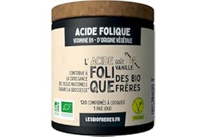 Acide Folique – Vitamine B9 – Croissance des Tissus Maternels – Réduit la Fatigue – 120 comprimés à croquer – Arôme Naturel et Vegan – Goût Vanille – 4 mois de cure – Les Bio Frères