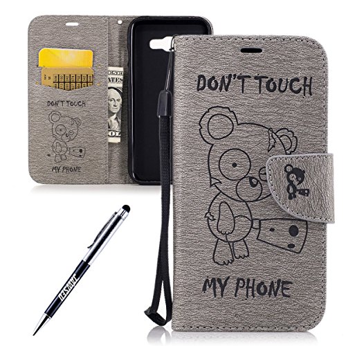 Galaxy A5 2017 Hülle,Samsung Galaxy A5 2017 Ledertasche,JAWSEU Lanyard Prägung Bär DON'T TOUCH MY PHONE Muster Retro/Vintage Handyhülle Tasche Cool lustig Tier Brieftasche Folio Tasche Hüllen Handycover Schutz Cases Etui Lederhülle Handytasche mit [Ständerfunktion] und [Kartenfächer] für Samsung Galaxy A5 2017+1xSchwarz Glitzer Bling Eingabestift-Bär,Grau