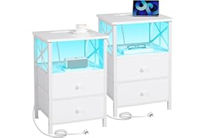 AMHANCIBLE Bedside Table Set of 2, Side Table with Charging Station and Led Lights, Bedside Cabinet with 2 Fabric Storage Drawers, Sofa Side Table, Nightstand for Living Room, Bedroom, White HET052LWT