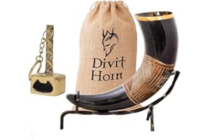 DIVIT HORN Divit - Cuerno para Beber con Soporte de Hierro, auténtico Cuerno Medieval para Beber Cerveza | Adornos de latón y Saco de Regalo de arpillera Incluido | Capacidad de 16 oz (400-500 ml)