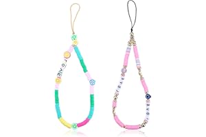 Sibba Lot de 2 breloques pour téléphone portable Chaîne de téléphone perles d'argile arcenciel Cordon téléphone portable Porteclés avec motif mauvais œil Dragonne poignet femme fille