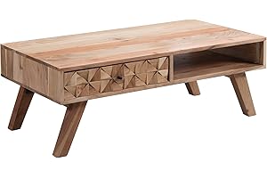 FineBuy Couchtisch Akazie Massivholz 95cm · Wohnzimmertisch mit Schublade & Ablagefach · Handgefertigter Sofatisch mit 3D-Front im modernen Retro Design