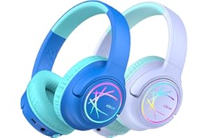 iClever Bezprzewodowe słuchawki dla dzieci ze światłami LED, bezpieczna głośność 74/85/94dBA, czas odtwarzania 43H, dźwięk stereo, typ C, kabel AUX, Bluetooth 5.3 nauszne słuchawki nauszne dla dzieci