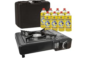 BARGAINS-GALORE Portable Gas Cooker Camp Stove + 8 Butane Gas Canisters - For Outdoor Camping, Fishing, Cooking & BBQ | Premium Burner, Automatic Ignition & Heat Control, EN417 Compliant - Black Grill & Carry Case