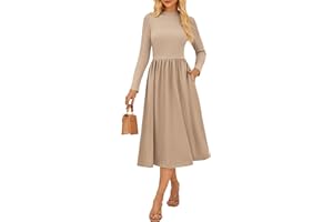 GRACE KARIN Damen Kleid Langarm Herbstkleid Lässiges Stehkragen Gestricktes Midikleid mit Taschen