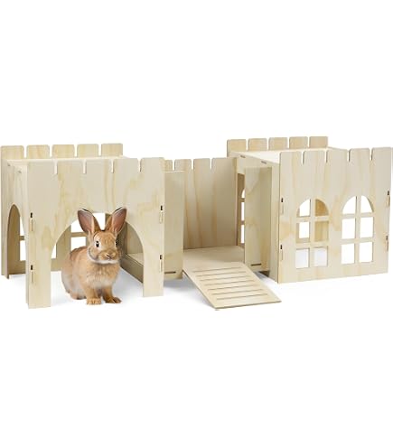BWOGUE Hasenschloss Aus Holz | Großes Kaninchenhaus Mit Treppe | 60x30x40 Cm | Für Kaninchen & Meerschweinchen