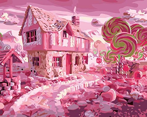 FENGTUO-Pink Candy House Design Canvas Diy Oil Painting by Number Kit 16*20 inches (Frameless)