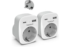 TESSAN Lot de 2 Adaptateur Prise Anglaise, 3 en 1 Adaptateur Type G avec USB C et USB A, Adapteur Prise Anglais 3250 W, Chargeur UK pour Irlande Malte Écosse Dubaï Malaisie