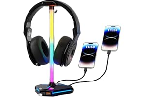 ALACOO RGB Headset Holder, Headphone Stand with 2 USB 2.0 Extension Charging Port, Type C Input & Output, PC Gaming Accessories for Desk with 5 Light Modes (Extender Cord Included)