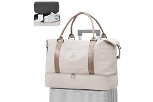 WEPLAN Sac de Voyage Femme Cabine Avion 45x36x20 Easyjet Sac Weekend Maternité Femme Homme Sacs de Sport Gym Voyage avec Compartiment à Chaussures Travel Duffle Bag Imperméable,Beige et Marron L