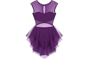 Freebily Women Lyrical Dance Costume Dress Illusion Cut Out Front Asymmetric Mesh Skirted Leotard