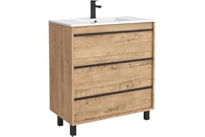 SALGAR Conjunto Mueble baño 80 cm 100% montado de fábrica con Lavabo | Modelo Attila acabado Madera Roble Ostippo a suelo 3 cajones cierre amortiguado | Tiradores y patas negro mate | Lavabo porcelana blanca