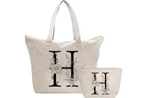 TOOZEN Personalizadas Bolso Tote de Mujer con Inicial, Bolsa de lona con Bolsillo Interior, Bolsa de Compras con Bolso de Cosméticos, Regalos para Damas Mejor Amigas Mamá, Regalo Cumpleaños Navidad