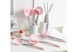 Ensemble d'ustensiles de cuisine en silicone Rorence de 12 ustensiles de cuisine Poignées en silicone et en acier inoxydable antiadhésif et résistant à la chaleur (porte-ustensiles non inclus)-Rose