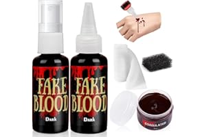 YI'ANTAI Faux Sang Halloween, Halloween Make UP Set, Sang Artificiel Halloween, SFX Zombie Vampire Clown Maquillage, 60ml de Sang Frais Artificiel, 60ml de Gouttes Faux Sang Rouge Foncé, 30g Plaste Sanguine