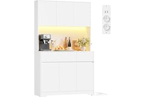 FirFurd Mobile Cucina, Credenza Cucina Alta con Presa e Luce LED, Mobile Dispensa con Ripiani Regolabili, Ampio Piano di Lavoro, per Sala da Pranzo, Soggiorno, 100x38,5x180cm (Bianco)