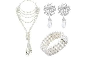 TOEECY 3 Pièces Parure de Bijoux en Perles en Plastique Longues Boucles D'oreilles Collier Perle Blanche Bracelet Parure Bijoux Mariage 1920 Accessoires