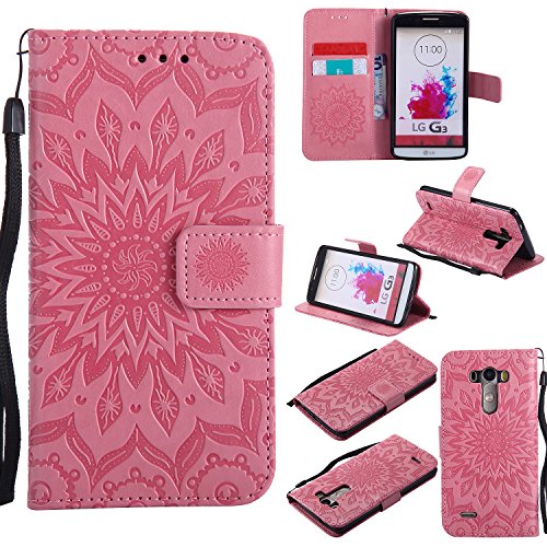 LG G3 Hülle,LG G3 Leder Wallet Tasche Brieftasche Schutzhülle,Cozy Hut® Prägung Sunflower Muster PU Lederhülle Flip Hülle im Bookstyle Cover Schale Stand Ständer Etui Karten Slot Schutzhülle Pink Tasche Wallet Case für LG G3 / D858 5,5 Zoll - Rosa