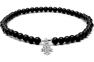VILDA JEWELLERY Hamsa Charm Anklet, 6mm Black Acrylic Beads on Elastic : Size M/L 10 inches, Pretty Fatima's Hand Anklet for Women, Beach Jewellery