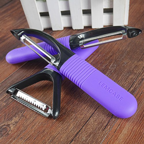 LEMCASE Obstschäler und Gemüseschäler – 3 Stück Schäler Sparschäler Set [Gezähnt, Gerade, Julienne Klingen] mit Lila Silikon Griffe - 7