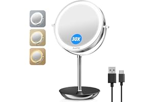 Auxmir 8 Pouces Miroir Grossissant Lumineux, 30X/1X Double Face, Miroir Grossissant sur Pied, Mirroir Maquillage Lumineux Rechargeable avec 3 Couleurs, Mirroir LED Rotation à 360° pour Chambre, Bureau