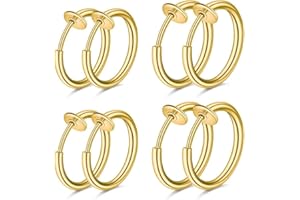 WKRTDY 4 paires de boucles d'oreilles clips en acier inoxydable pour femmes, hommes ou filles, sans perçage, imitant les boucles d'oreilles anneaux et créoles, pour les oreilles non percées, or