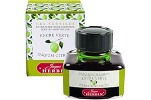 Jacques Herbin 13736T - ''Les subtiles'' scented ink bottle for fountain pens and rollerball pens 30 ml, Green ink and Lemon scent. Made in France calligraphy