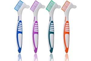 PEOAVRU Doppelseitige Prothesenreinigungsbürsten, 4 Stück Tragbare Prothesenreinigungsbürsten, mit Moderaten Mehrschichtigen Borsten, Ergonomische Gebissbürste, für Reinigung falscher Zähne, mehrfarbig