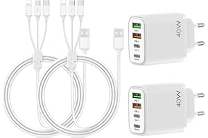 Hoembpn 2 Stück 40W USB C Ladegerät PD USB Schnellladegerät Adapter 4 Port Wandladegerät, 3 in 1 Multi USB Kabel 3A Schnellladekabel Kompatibel mit Micro USB/Typ-C für Tablet, Android