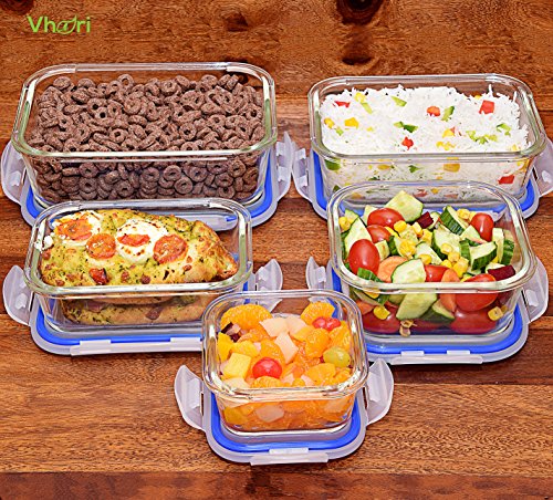 Vhari 5 Set Glas Lebensmittel Lagerbehälter * Airtight & Dicht * Backofen , Mikrowelle, Gefrierschrank und Spülmaschine Safe * 10 Stück (5 Glasbehälter + 5 BPA frei Lids ) * - 6