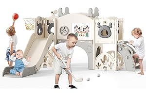 HELANGEL Tobogán infantil grande con canasta de baloncesto, estructura de escalada para jardín, telescópico, espacio de almacenamiento (tobogán de alce 7 en 1, beige y gris)