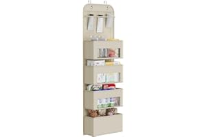 YOUDENOVA Over Door Storage with 6 Clear Window Pockets, Hanging Storage with Steel Hooks, Wardrobe Storage Organiser for Toy Nursery Kitchen Bedroom Bathroom (Beige-4 Pockets)