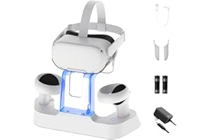 NexiGo Charging Dock for Oculus Quest 2 Headset and Touch Controllers [Support Charging Elite Strap with Battery], ze wskaźnikami LED, 2 akumulatorami do ładowania, Magnetic Charging Cable, biały