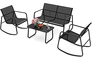 KOMFOTTEU 4 TLG. Gartenmöbel Set, Balkonset mit 2 Schaukelstühle, Sitzbank & Balkontisch, Garten Sitzgruppe aus Textilene-Stoff, Gartengarnitur Terrassemöbel für Garten (Schwarz)