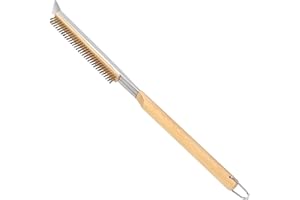 LEIGHTSZEN Spazzola per pizza da 53,3 cm con raschietto in acciaio inox, setole in ottone, manico in legno, anello per appenderla, accessorio per forno per pizza all'aperto, compatibile con forni Ooni, Gozney