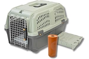 Pet's Market Trasportino Skudo Cat Travel con Lettiera Incorporata Rigido in Plastica con 2 Rotoli di Sacchetti Igienici Gatto Con Toilette Porta Lettiera per Viaggi Colore Grigio 60x40x39h cm