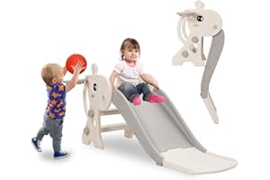 ‎ARK MIIDO Rutsche Indoor Outdoor für Kinder, Kinderrutsche Faltbare mit Basketballkorb, Gartenrutsche Kleinkinderrutsche, Kinder Rutsche ab 1 2 3 Jahre (Hirsch – Grau)