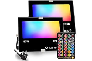 HEKEE Projecteur LED RGB Extérieur, changement de couleur 50W, mode stroboscopique personnalisé bricolage, RGB Led Fluter 12 couleurs, minuterie, télécommande incluse, IP66 étanche