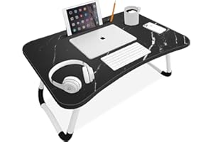 Blisswood Laptop Bed Table Lap Standing Desk, Sofa Breakfast Bed Tray Folding Laptop Lap Desk Cup Holder Notebook Stand Steel Legs 60x40x28cm for Reading Writing Working, Marble Black