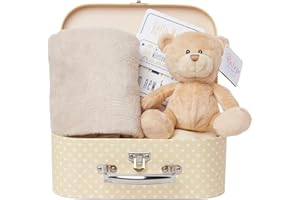 Baby Box Shop Newborn Baby Gift Set – Baby Hamper with Teddy Bear, 16 x Milestone Cards & Soft Fleece Blanket – Ready to Gift for Gender Reveals, New Arrivals & Baby Shower Gifts
