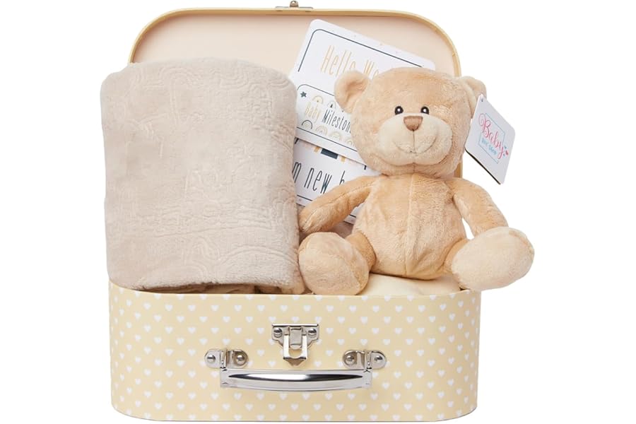 Baby Box Shop Newborn Baby Gift Set – Baby Hamper with Teddy Bear, 16 x Milestone Cards & Soft Fleece Blanket – Ready to Gift for Gender Reveals, New Arrivals & Baby Shower Gifts