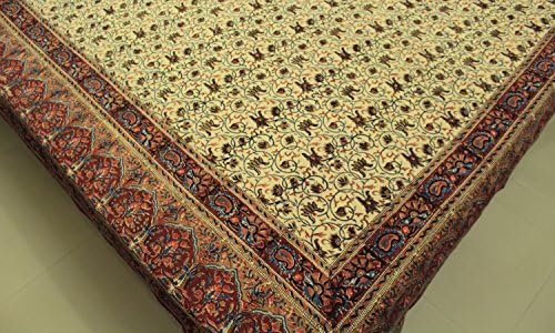 Cotton King Queen Full Hand Block Print Bedspreads Beige Ethnic Floral Paisley Bedding Sheets Natural Dye Bed Cover 86 x 102 Inches