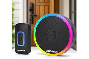 Aigostar Timbre Inalámbrico RGB, timbre inalámbrico exterior impermeable, IP55, 5 Niveles de Volumen (0-120dB) y 60 Melodías, Timbre para Ancianos, Casa, Oficina, Negro