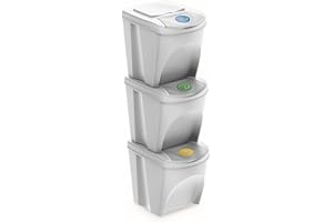 PROSPERPLAST Juego de 3 cubos de reciclaje con capacidad de 75 litros de compartimento en color blanco