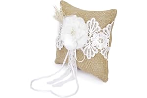 FENTEER Générique Coussin Oreiller Porteur de Bague Alliance en Jute Vintage Orné de Dentelle et Fleur 20cmx20cm