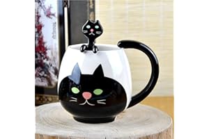 Arawat Zabawna filiżanka do kawy, słodki kot, ceramiczna, z łyżeczką i podstawką, 420 ml, duży kubek do kawy 3D, uroczy kot, prezent urodzinowy dla dziewczyny, chłopaka, chłopców, kobiet mężczyzn